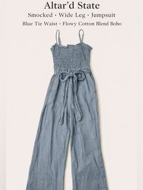 Altar’d State Smocked Wide Leg Jumpsuit Blue Tie Waist Flowy Cotton Blend Boho